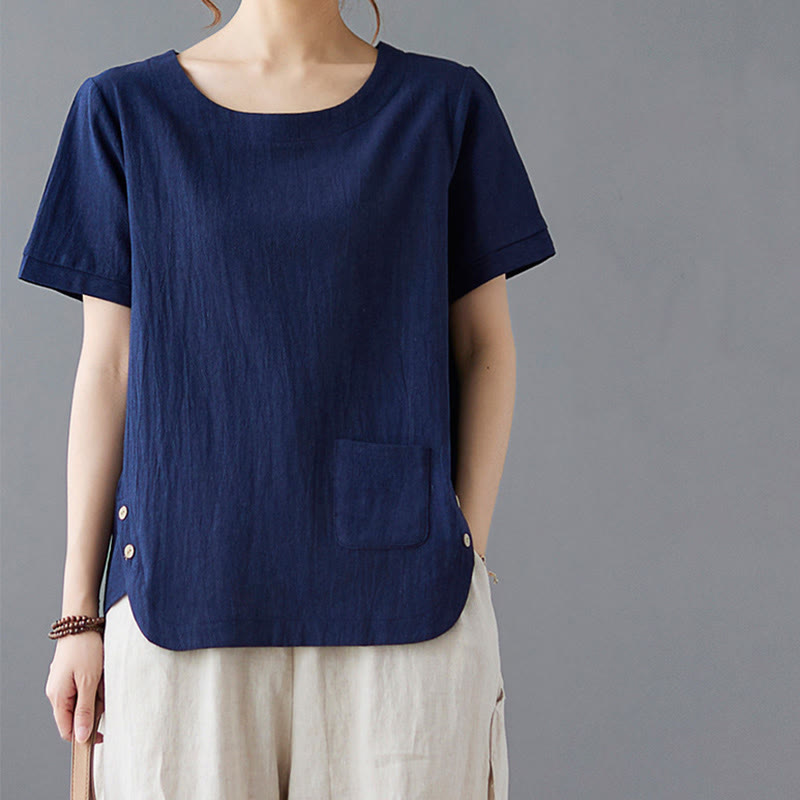 Buddha Stonesサイドスリットデザイン レディース コットンリネン クルーネック 半袖 Tシャツ ポケット付き - image 22