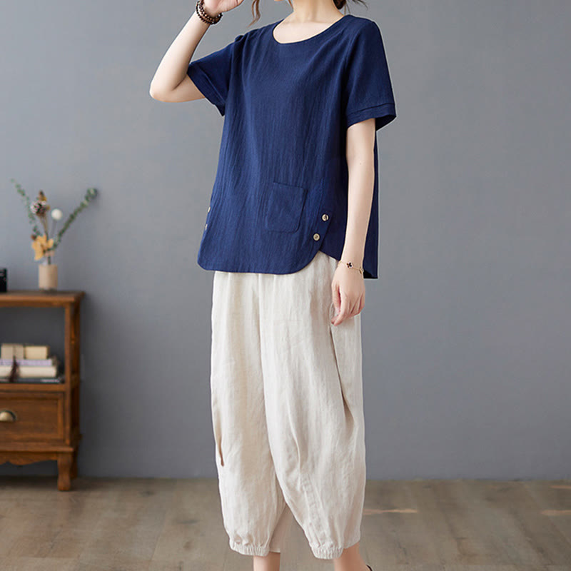 Buddha Stonesサイドスリットデザイン レディース コットンポリエステル クルーネック 半袖Tシャツ ポケット付き - image 25