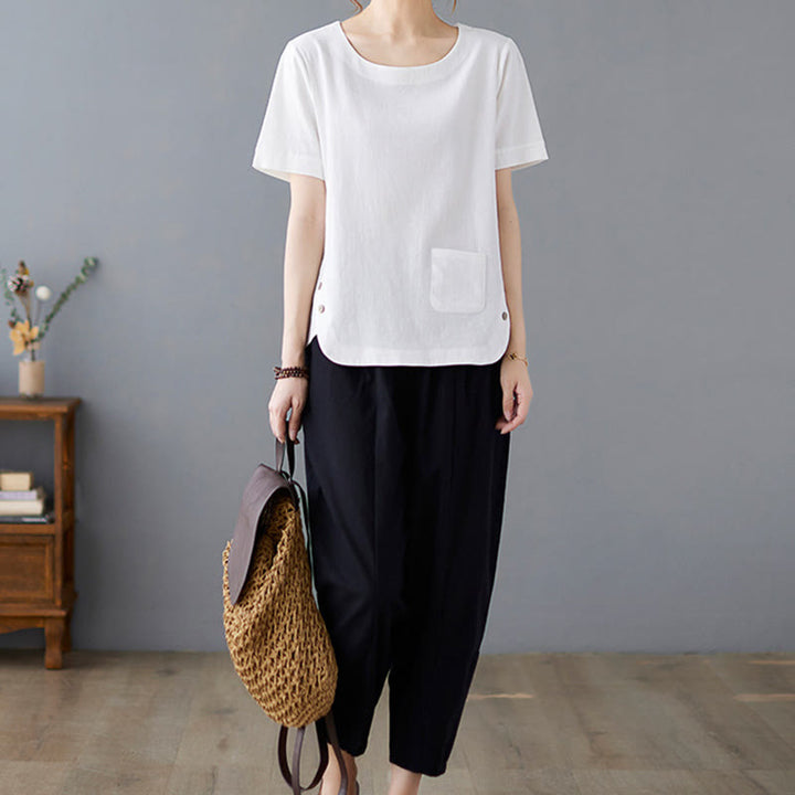 Buddha Stonesサイドスリットデザイン レディース コットンポリエステル クルーネック 半袖Tシャツ ポケット付き - image 17