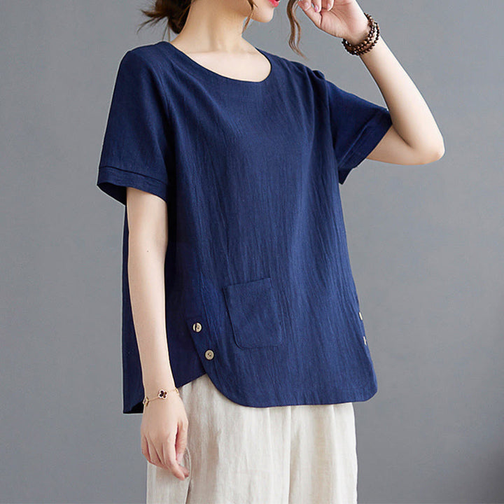 Buddha Stonesサイドスリットデザイン レディース コットンリネン クルーネック 半袖 Tシャツ ポケット付き - image 20