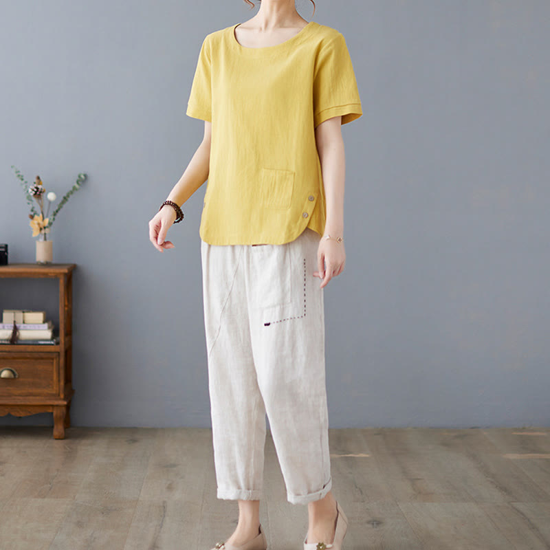 Buddha Stonesサイドスリットデザイン レディース コットンポリエステル クルーネック 半袖Tシャツ ポケット付き - image 5