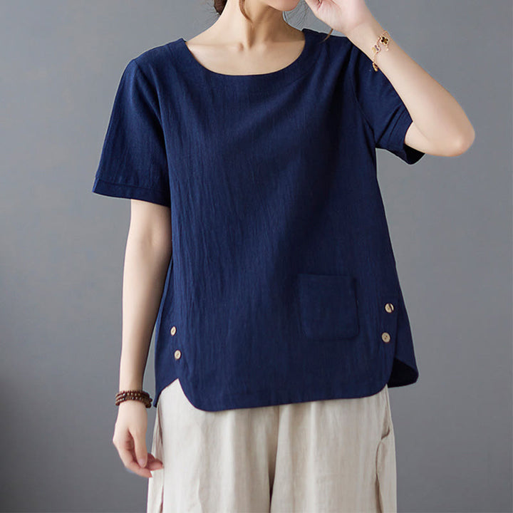 Buddha Stonesサイドスリットデザイン レディース コットンリネン クルーネック 半袖 Tシャツ ポケット付き - 海軍 - US14、 UK/AU18、 EU46 (4XL) - image 19