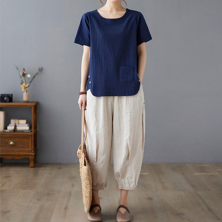 Buddha Stonesサイドスリットデザイン レディース コットンリネン クルーネック 半袖 Tシャツ ポケット付き - image 23