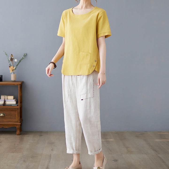 Buddha Stonesサイドスリットデザイン レディース コットンリネン クルーネック 半袖 Tシャツ ポケット付き - image 5