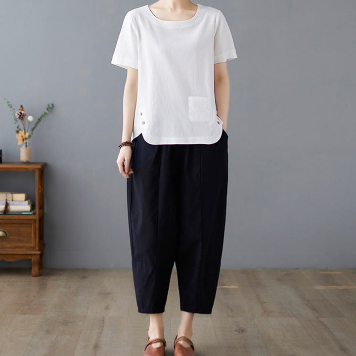 Buddha Stonesサイドスリットデザイン レディース コットンポリエステル クルーネック 半袖Tシャツ ポケット付き - image 16