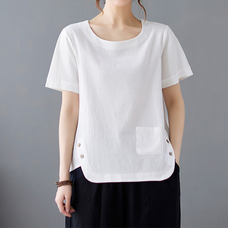 Buddha Stonesサイドスリットデザイン レディース コットンリネン クルーネック 半袖 Tシャツ ポケット付き - 白 - US14、 UK/AU18、 EU46 (4XL) - image 14