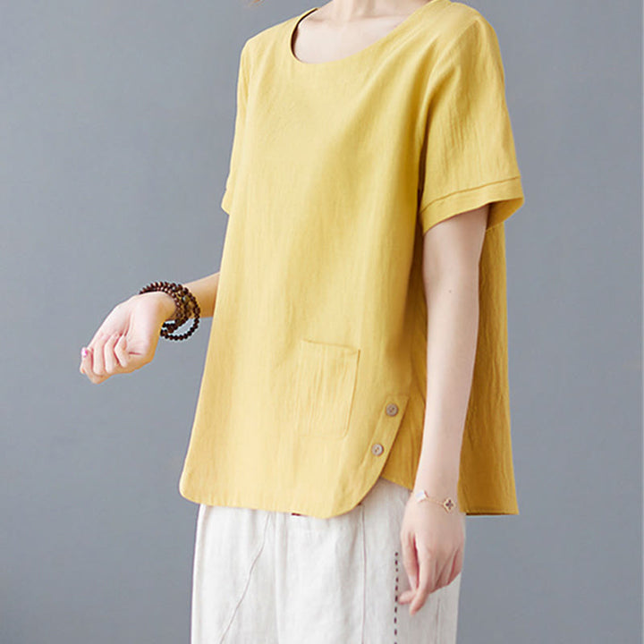 Buddha Stonesサイドスリットデザイン レディース コットンポリエステル クルーネック 半袖Tシャツ ポケット付き - image 2