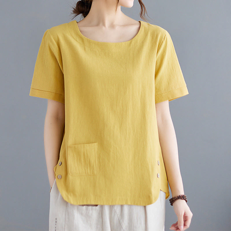 Buddha Stonesサイドスリットデザイン レディース コットンポリエステル クルーネック 半袖Tシャツ ポケット付き - image 3