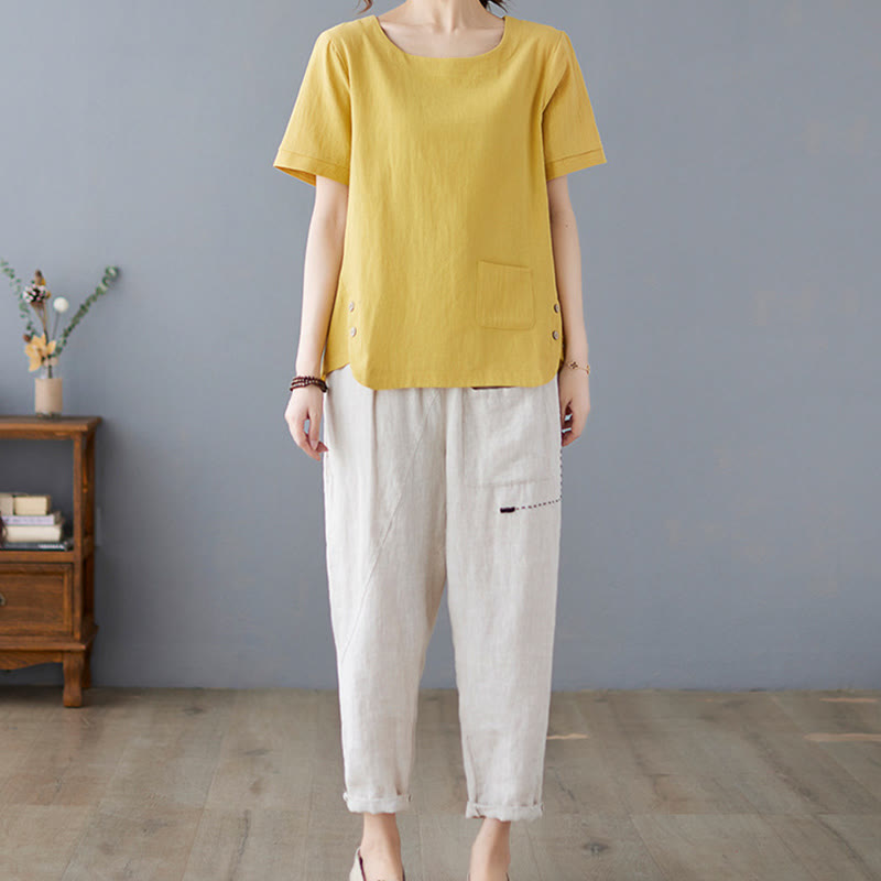 Buddha Stonesサイドスリットデザイン レディース コットンポリエステル クルーネック 半袖Tシャツ ポケット付き - image 4