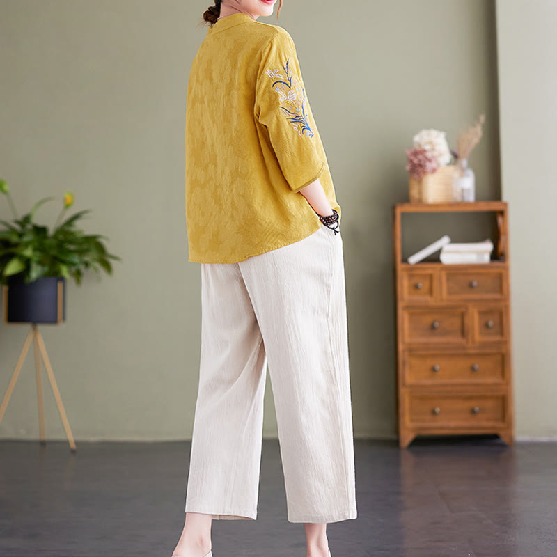 Buddha Stones夏 刺繍 花 七分袖 デザイン レディース コットン リネン ノッチカラー シャツ - image 16