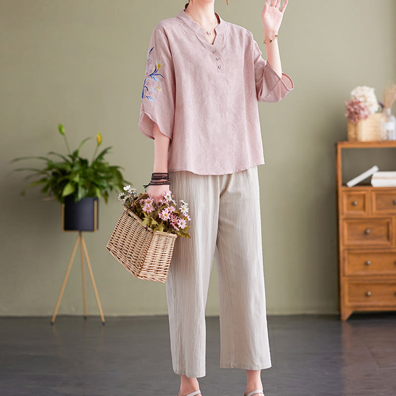 Buddha Stones夏 刺繍 花 七分袖 デザイン レディース コットン リネン ノッチカラー シャツ - image 5
