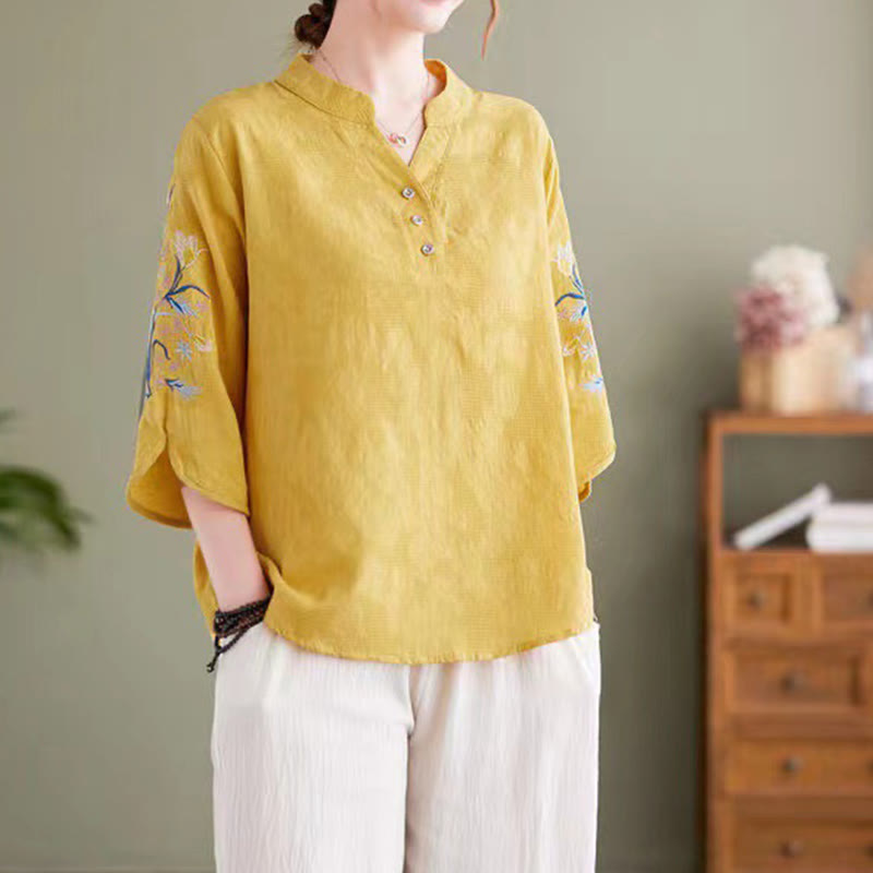 Buddha Stones夏 刺繍 花 七分袖 デザイン レディース コットン リネン ノッチカラー シャツ - 金 - US14、 UK/AU18、 EU46 (4XL) - image 14