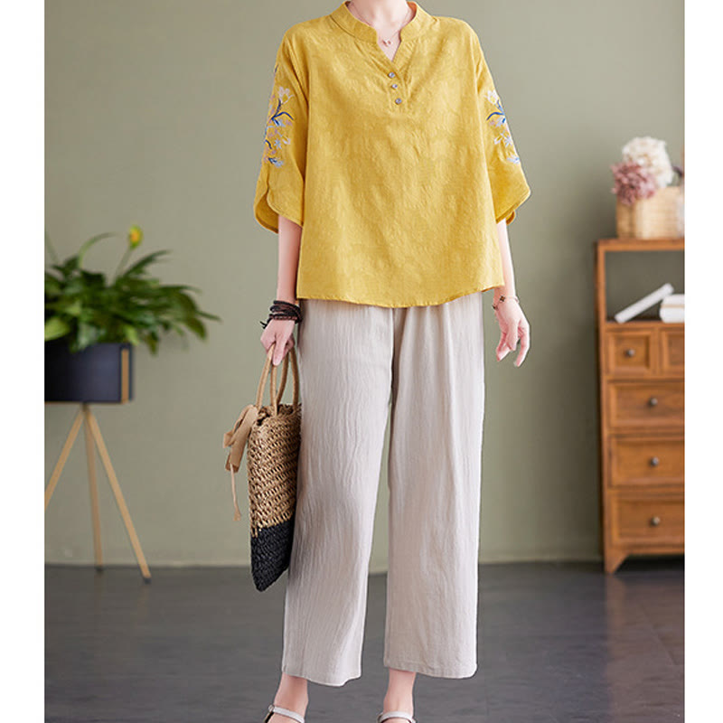 Buddha Stones夏 刺繍 花 七分袖 デザイン レディース コットン リネン ノッチカラー シャツ - image 18