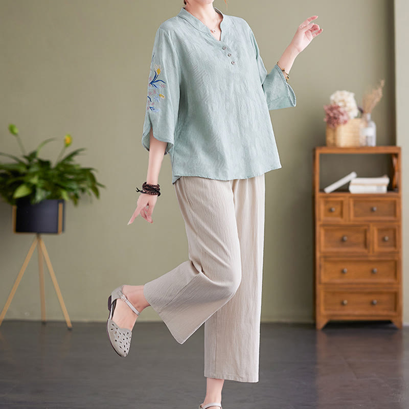 Buddha Stones夏 刺繍 花 七分袖 デザイン レディース コットン リネン ノッチカラー シャツ - image 13