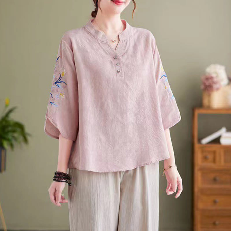 Buddha Stones夏 刺繍 花 七分袖 デザイン レディース コットン リネン ノッチカラー シャツ - ピンク - US14、 UK/AU18、 EU46 (4XL) - image 0