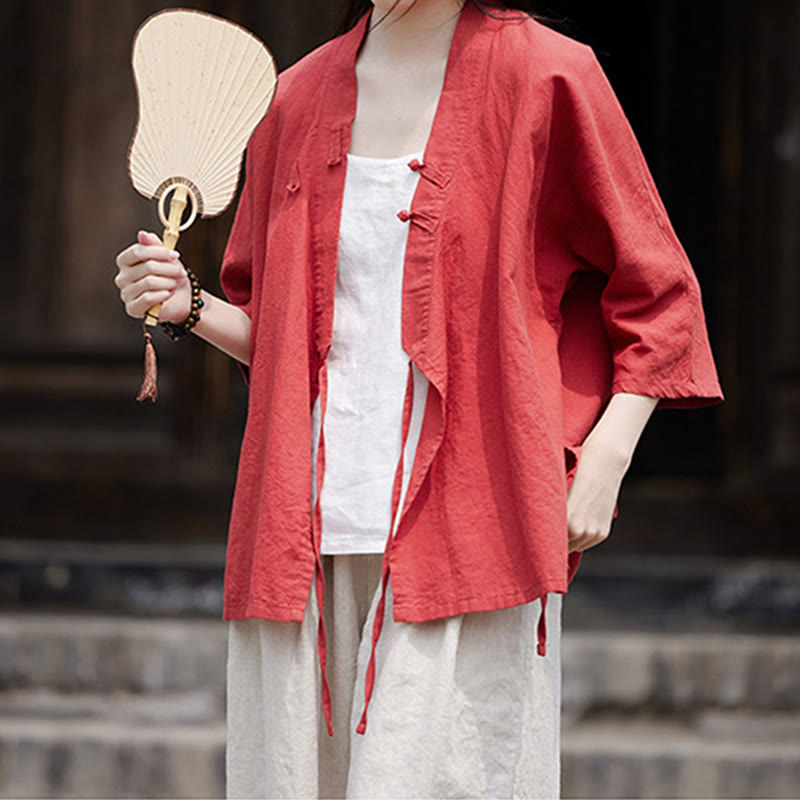 Buddha Stonesヴィンテージ 禅 ピュアカラー レースアップ サイドパッチワークデザイン レディース コットンリネン ハーフスリーブ シャツ カーディガン