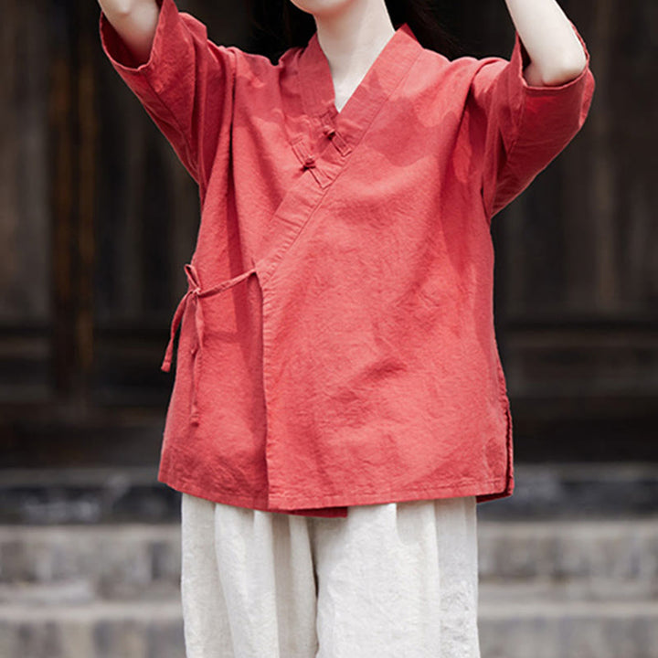 Buddha Stonesヴィンテージ 禅 ピュアカラー レースアップ サイドパッチワークデザイン レディース コットンリネン ハーフスリーブ シャツ カーディガン - image 17