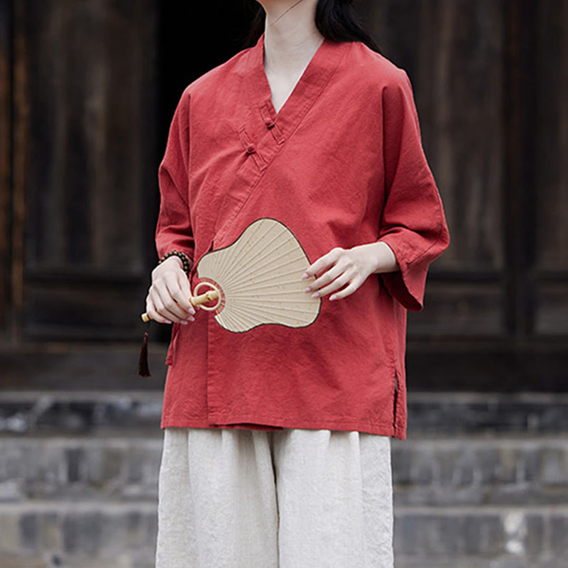 Buddha Stonesヴィンテージ 禅 ピュアカラー レースアップ サイドパッチワークデザイン レディース コットンリネン ハーフスリーブ シャツ カーディガン - image 21