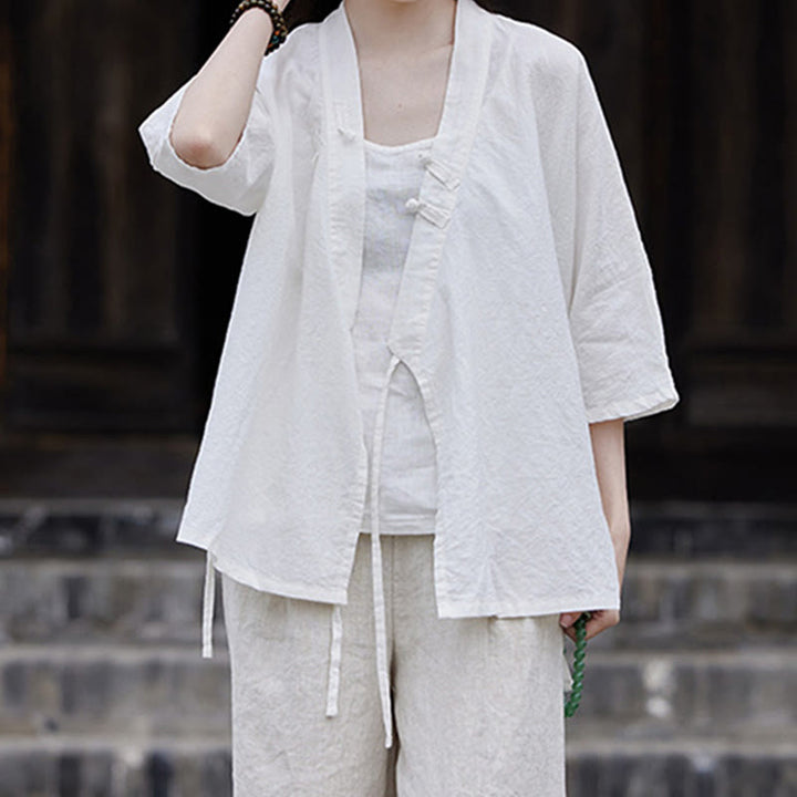 Buddha Stonesヴィンテージ 禅 ピュアカラー レースアップ サイドパッチワークデザイン レディース コットンリネン ハーフスリーブ シャツ カーディガン - image 11