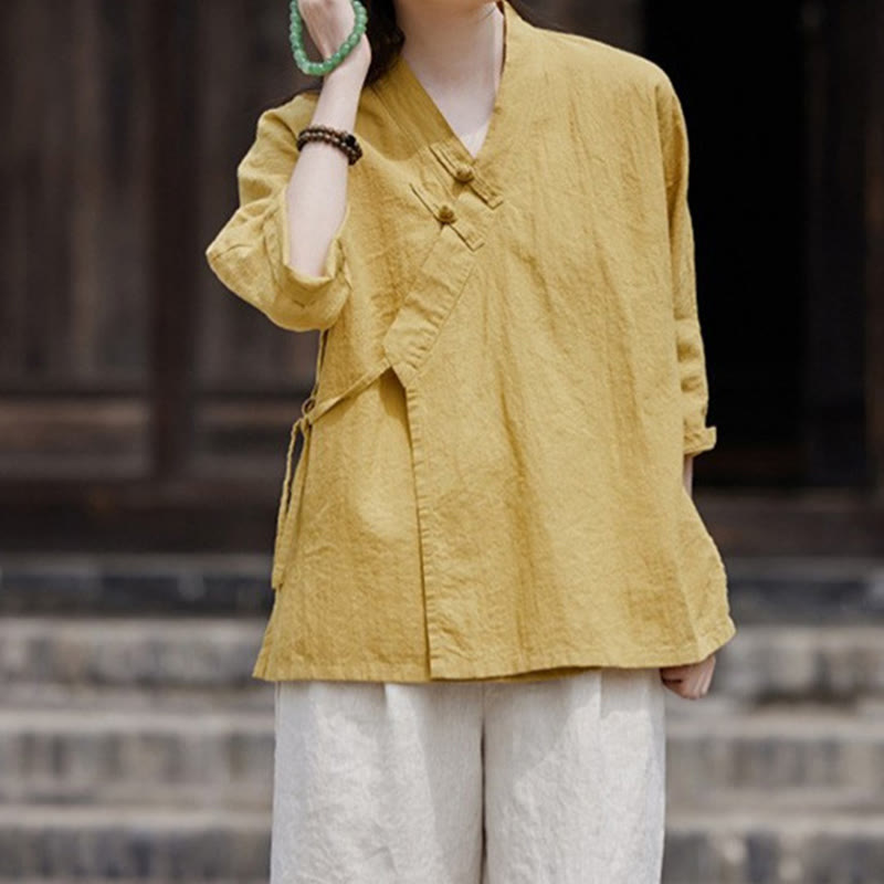 Buddha Stonesヴィンテージ 禅 ピュアカラー レースアップ サイドパッチワークデザイン レディース コットンリネン ハーフスリーブ シャツ カーディガン - image 4