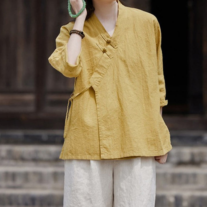 Buddha Stonesヴィンテージ 禅 ピュアカラー レースアップ サイドパッチワークデザイン レディース コットンリネン ハーフスリーブ シャツ カーディガン - image 4