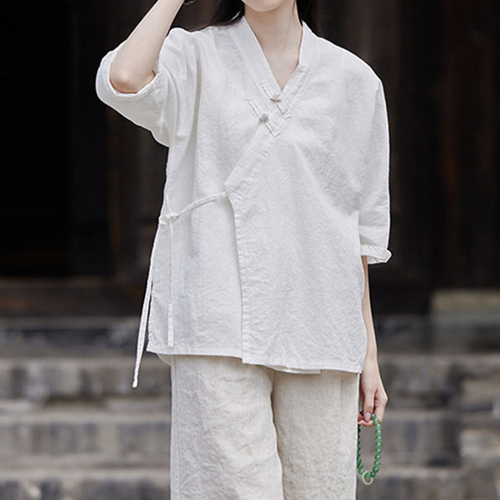 Buddha Stonesヴィンテージ 禅 ピュアカラー レースアップ サイドパッチワークデザイン レディース コットンリネン ハーフスリーブ シャツ カーディガン - 白 - US8-10，UK/AU12-14，EU40-42 (2XL) - image 7