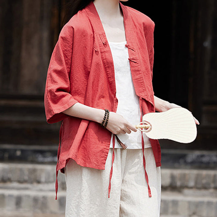 Buddha Stonesヴィンテージ 禅 ピュアカラー レースアップ サイドパッチワークデザイン レディース コットンリネン ハーフスリーブ シャツ カーディガン - image 23