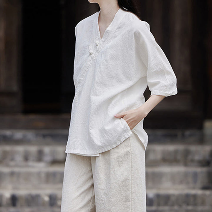 Buddha Stonesヴィンテージ 禅 ピュアカラー レースアップ サイドパッチワークデザイン レディース コットンリネン ハーフスリーブ シャツ カーディガン - image 9