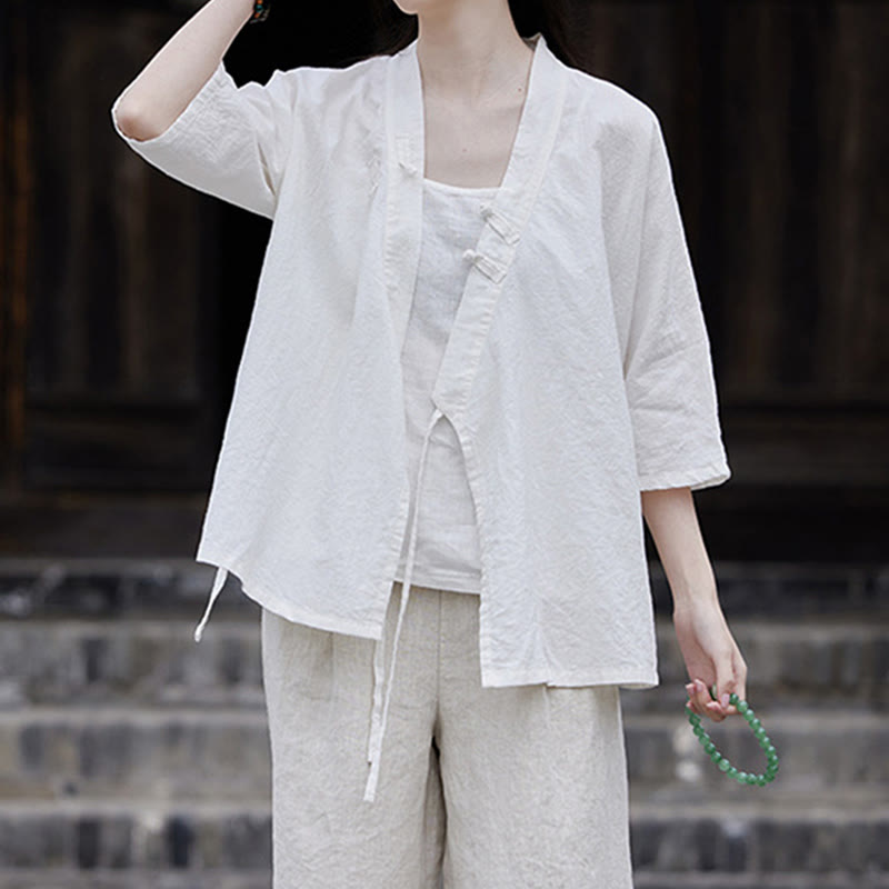 Buddha Stonesヴィンテージ 禅 ピュアカラー レースアップ サイドパッチワークデザイン レディース コットンリネン ハーフスリーブ シャツ カーディガン - image 12