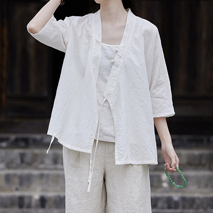 Buddha Stonesヴィンテージ 禅 ピュアカラー レースアップ サイドパッチワークデザイン レディース コットンリネン ハーフスリーブ シャツ カーディガン - image 12