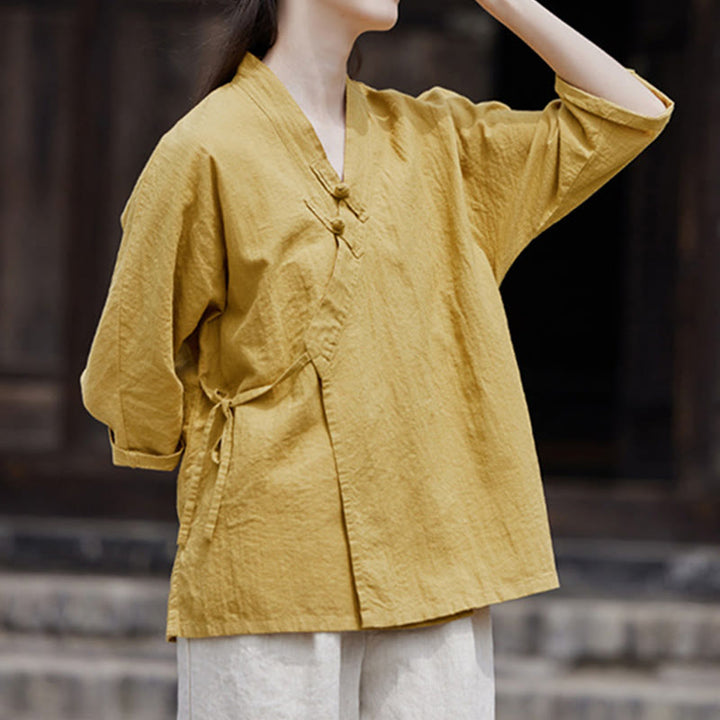 Buddha Stonesヴィンテージ 禅 ピュアカラー レースアップ サイドパッチワークデザイン レディース コットンリネン ハーフスリーブ シャツ カーディガン - image 2