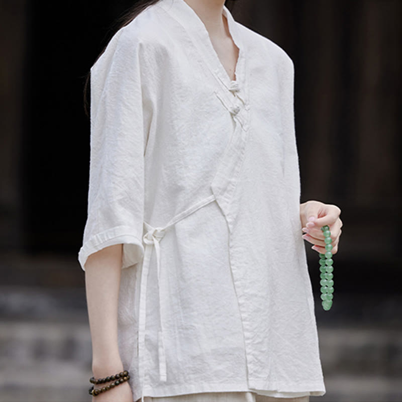 Buddha Stonesヴィンテージ 禅 ピュアカラー レースアップ サイドパッチワークデザイン レディース コットンリネン ハーフスリーブ シャツ カーディガン - image 13