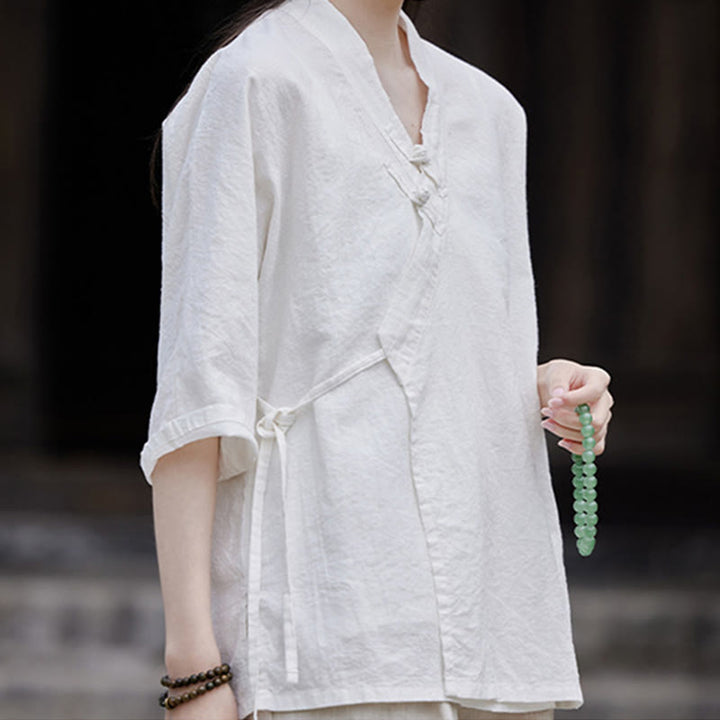 Buddha Stonesヴィンテージ 禅 ピュアカラー レースアップ サイドパッチワークデザイン レディース コットンリネン ハーフスリーブ シャツ カーディガン - image 13