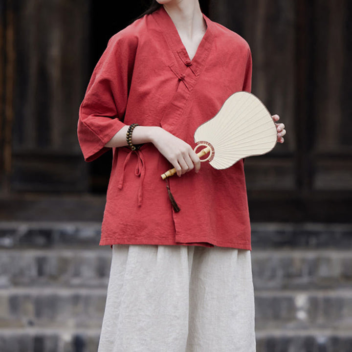 Buddha Stonesヴィンテージ 禅 ピュアカラー レースアップ サイドパッチワークデザイン レディース コットンリネン ハーフスリーブ シャツ カーディガン - image 20