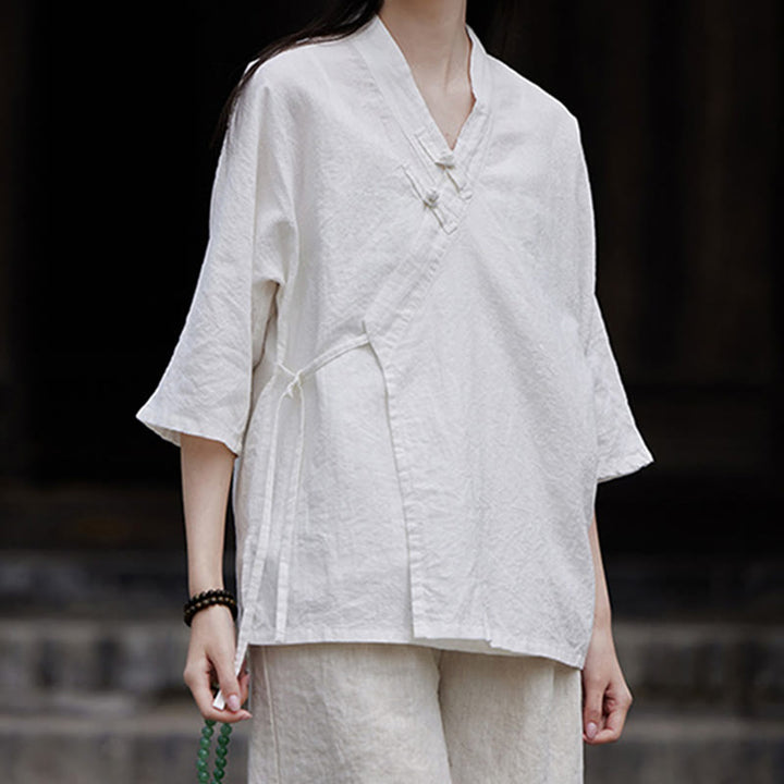 Buddha Stonesヴィンテージ 禅 ピュアカラー レースアップ サイドパッチワークデザイン レディース コットンリネン ハーフスリーブ シャツ カーディガン - image 8