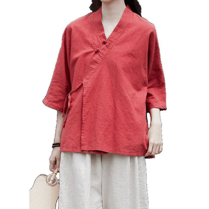 Buddha Stonesヴィンテージ 禅 ピュアカラー レースアップ サイドパッチワークデザイン レディース コットンリネン ハーフスリーブ シャツ カーディガン - オレンジレッド - US8-10，UK/AU12-14，EU40-42 (2XL) - image 15