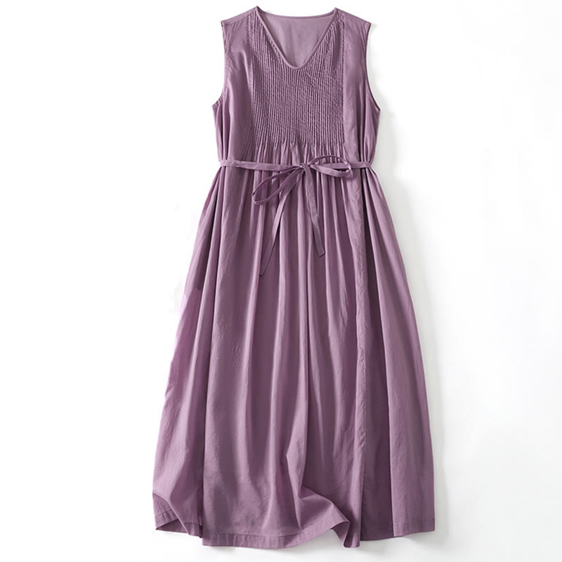 Buddha Stones無地アコーディオンデザイン ノースリーブ コットン ミディドレス ポケット付き - ミディアムオーキッド - US8-10，UK/AU12-14，EU40-42 (2XL) - image 0