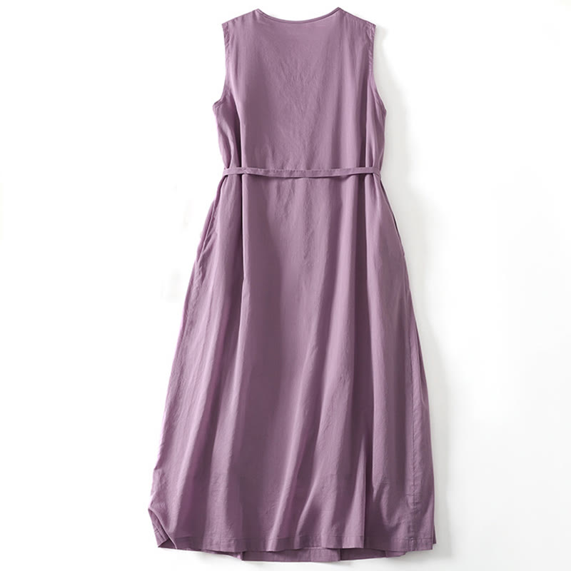 Buddha Stones無地アコーディオンデザイン ノースリーブ コットン ミディドレス ポケット付き - image 1