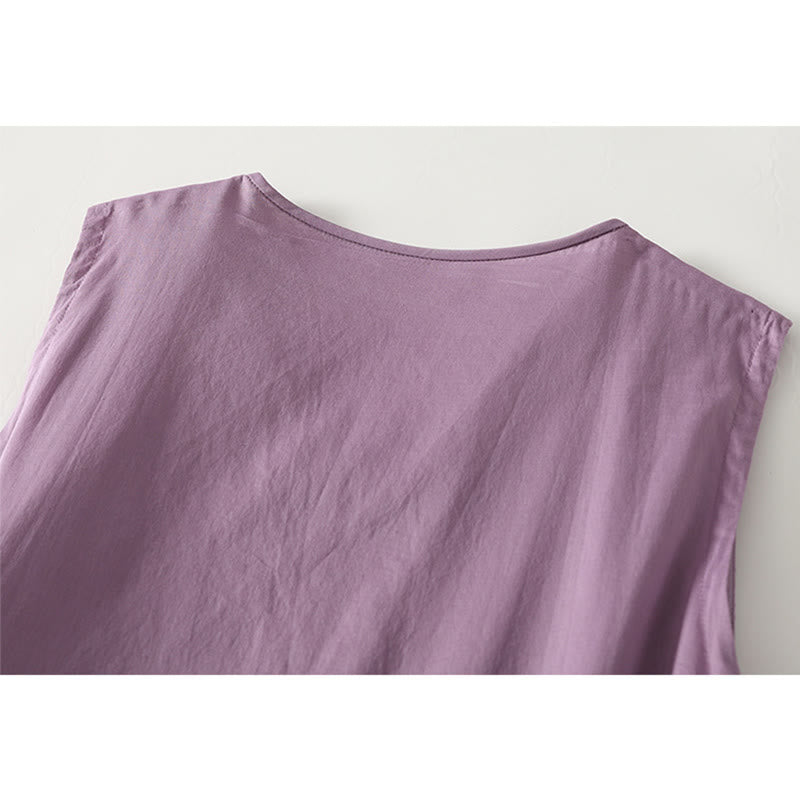 Buddha Stones無地アコーディオンデザイン ノースリーブ コットン ミディドレス ポケット付き - image 3