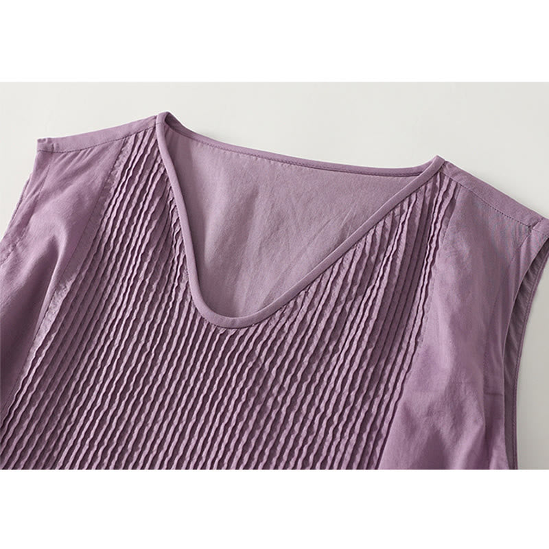 Buddha Stones無地アコーディオンデザイン ノースリーブ コットン ミディドレス ポケット付き - image 2