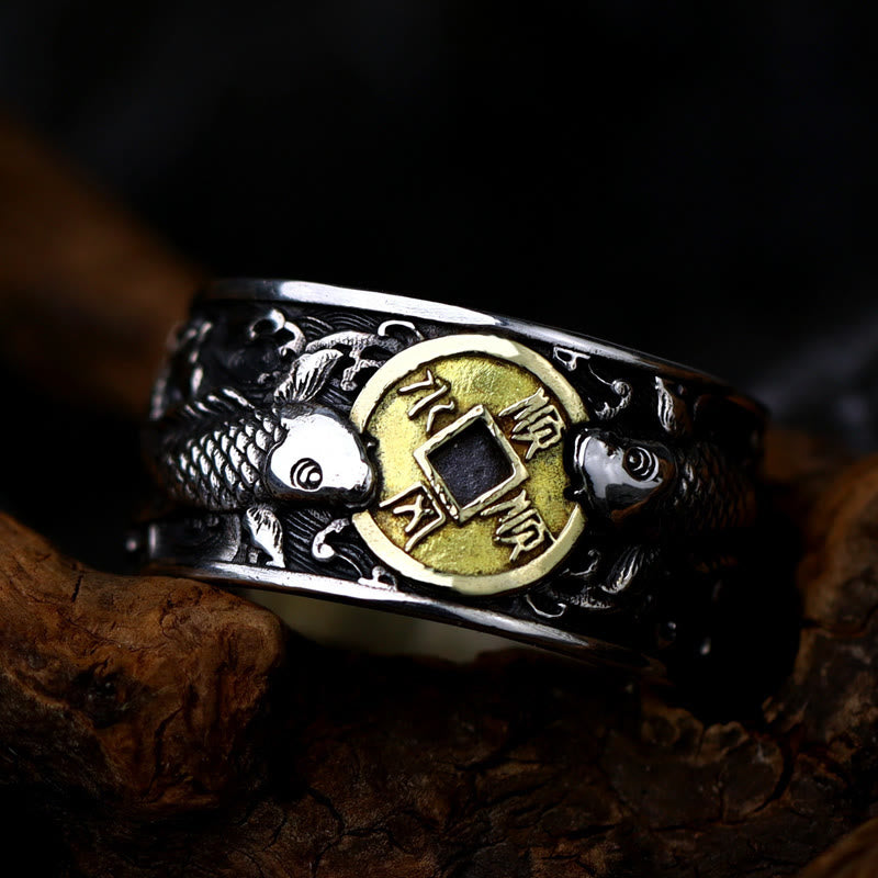 Buddha Stones調節可能な開口部 925スターリングシルバー 幸運の鯉 銅貨 縁起の良い雲 富の指輪 - image 12