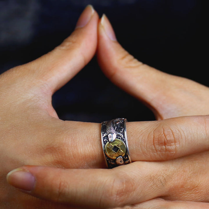 Buddha Stones調節可能な開口部 925スターリングシルバー 幸運の鯉 銅貨 縁起の良い雲 富の指輪 - image 16