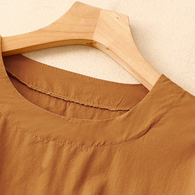 Buddha Stonesサマー 無地 クルーネック シンプル 半袖 デザイン ミディドレス ポケット付き - image 1