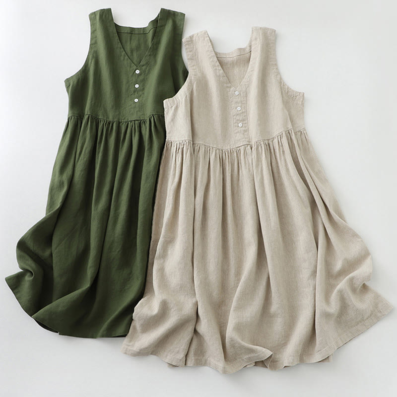 Buddha Stonesデイリーカジュアル ピュアカラー Vネック シンプルボタンデザイン ノースリーブ ミディドレス - image 17