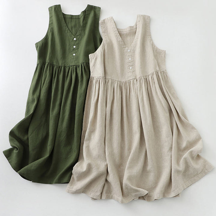 Buddha Stonesデイリーカジュアル ピュアカラー Vネック シンプルボタンデザイン ノースリーブ ミディドレス - image 17