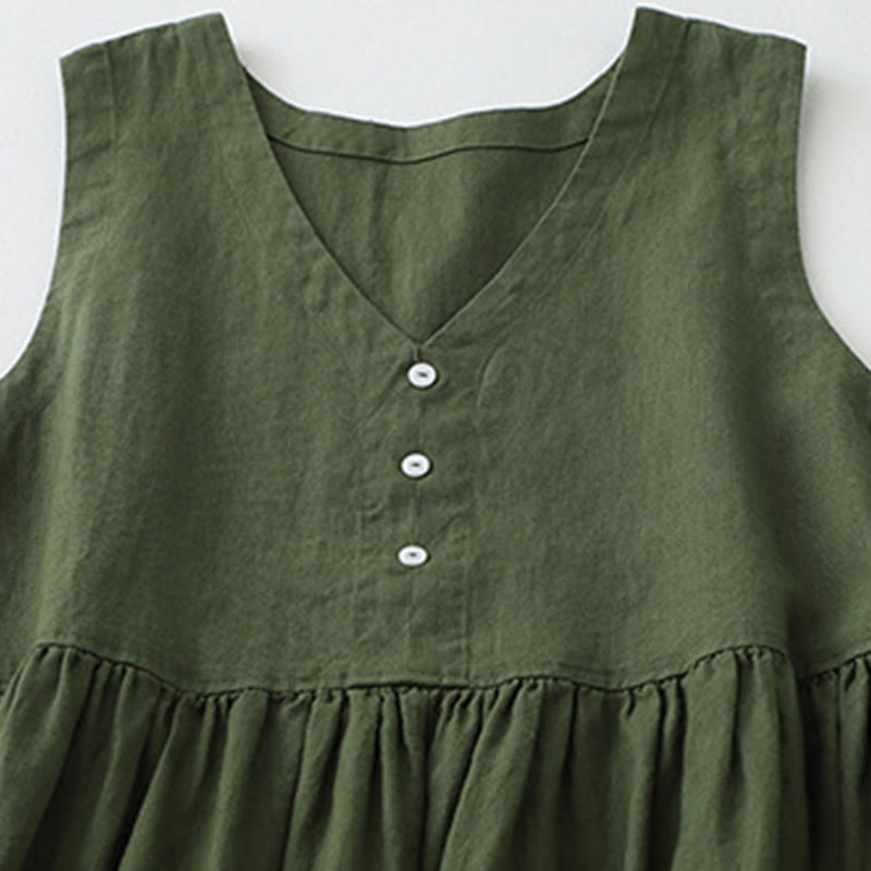 Buddha Stonesデイリーカジュアル ピュアカラー Vネック シンプルボタンデザイン ノースリーブ ミディドレス - image 11
