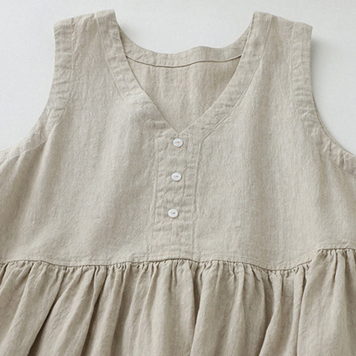 Buddha Stonesデイリーカジュアル ピュアカラー Vネック シンプルボタンデザイン ノースリーブ ミディドレス - image 2
