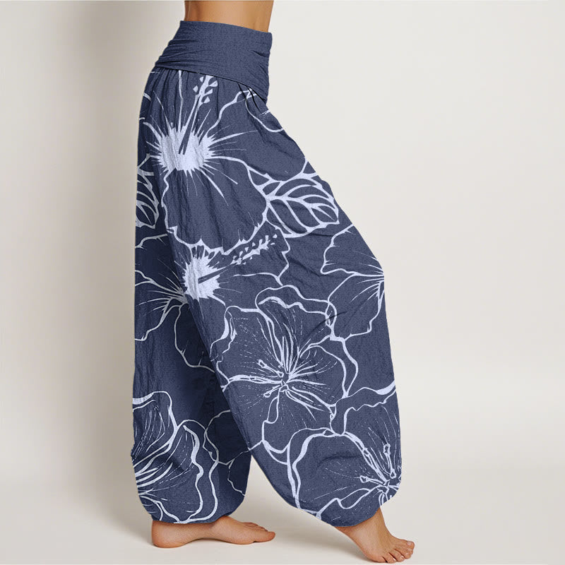Buddha Stonesと朝顔の花柄デザイン レディース 伸縮性ウエスト ハーレムパンツ - image 3