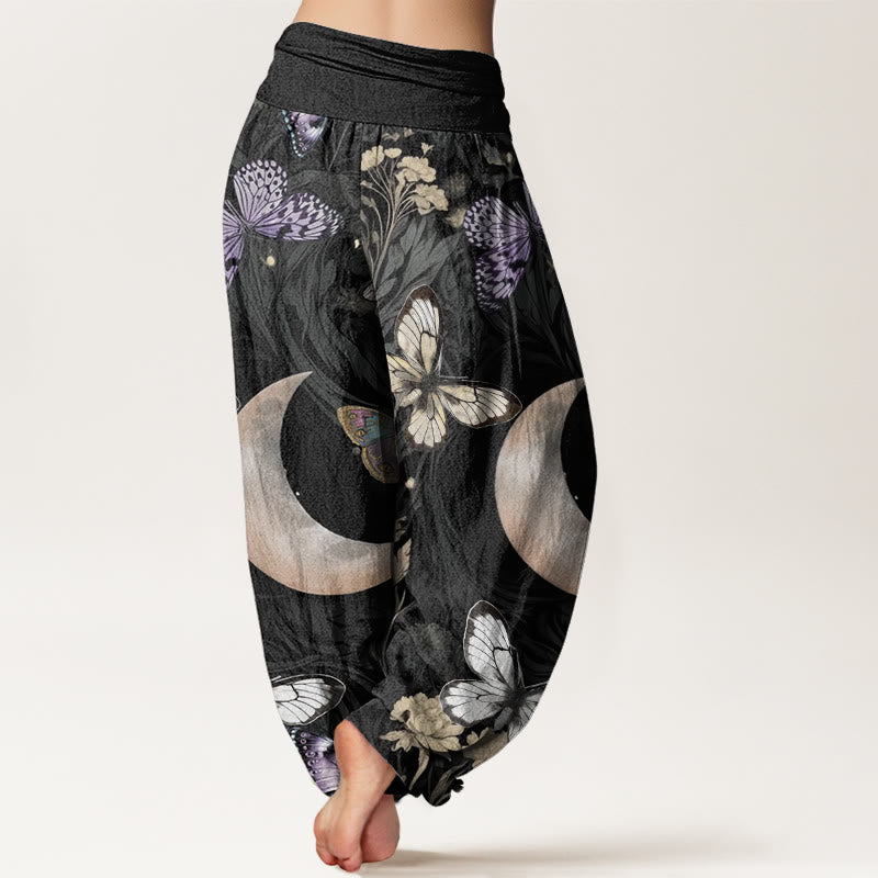 Buddha Stones、蝶、花、三日月模様デザイン レディース 伸縮性ウエスト ハーレムパンツ - image 2