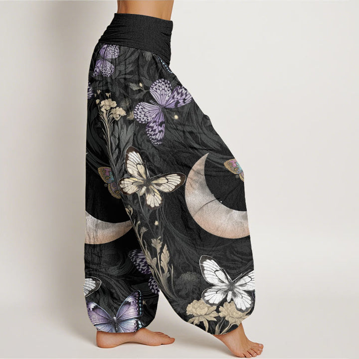 Buddha Stones、蝶、花、三日月模様デザイン レディース 伸縮性ウエスト ハーレムパンツ - image 3